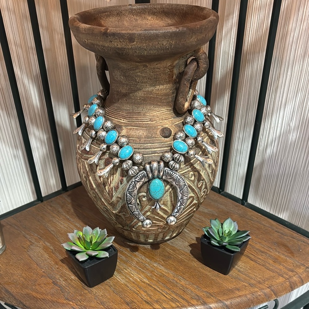 Turquoise & Silver Squash Blossom Necklace - Picture 3 of 13